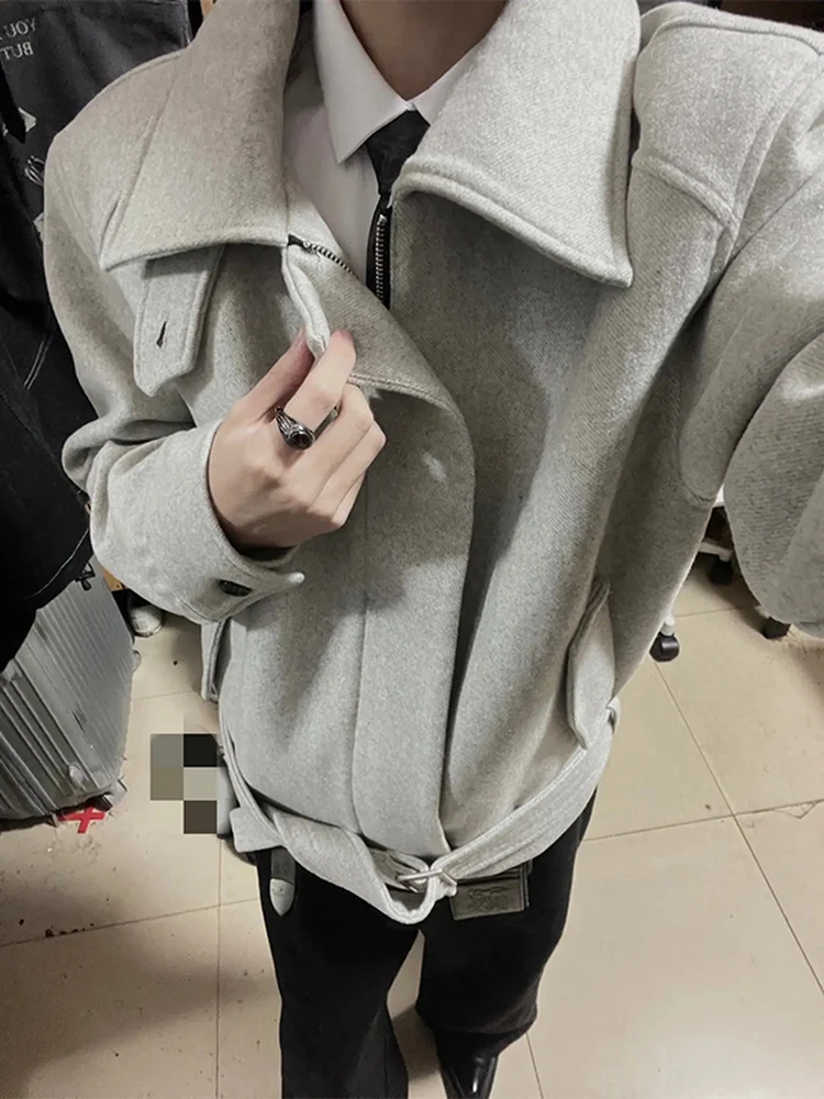 

American Retro Woolen Jaet Men's ort oulder Lapel Coat Cleanfit Trendy Outerwear Winter Resistant Wear Youth Faion