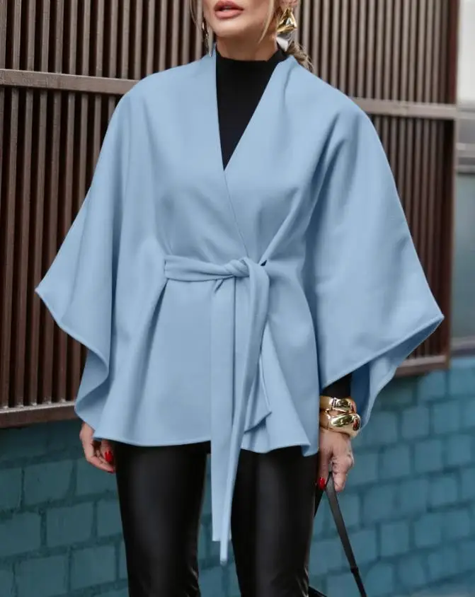 Autumn Solid Color V-Neck Women's Elegant and Fashionable Socialite Style Lace Up Jacket Solid Color Bat Sleeve Lace Up Jacket