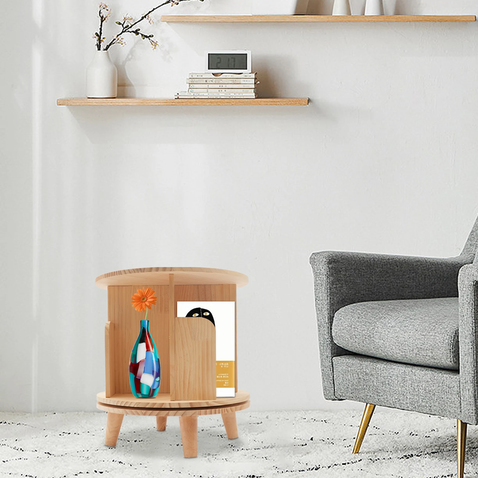 Revolving Bookstand with 4 Compartments, New Zealand Pine Wood, 110lbs Load Capacity, Space-saving Design for Books and Decor