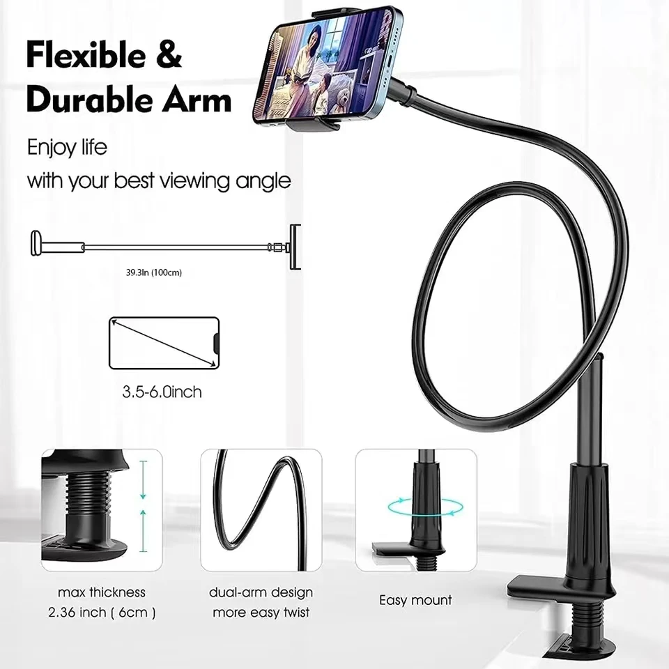 

Flexible Gooseneck Phone Holder, Lazy Bed Holder Phone Stand for 3.5-7 Inch Devices, Overall Length 39.3In