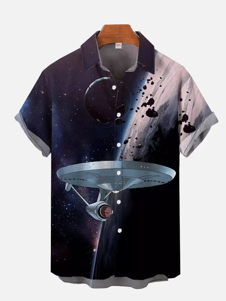 Retro blue space war element planet and robot printed short-sleeved shirt European version S-5XL