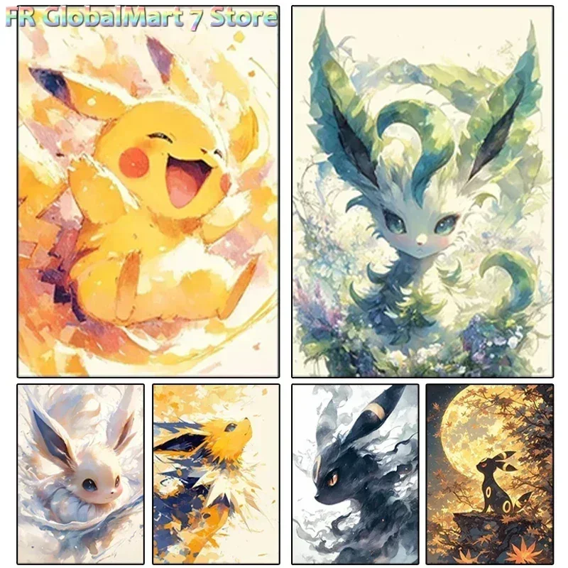 DIY Round/Square Diamond Painting Pokémon Frameless Diamond Painting Anime Cartoon Printing Pikachu Eevee Bulbasaur Poster Int