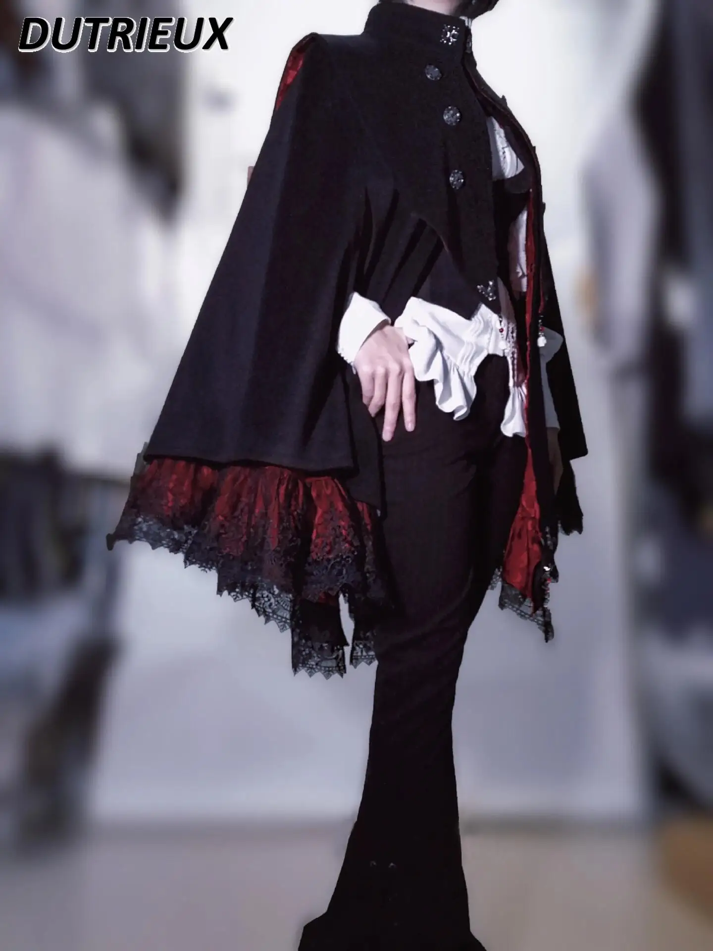 Japanese Gothic Style Black Cape Lolita Sweet Girls Stand-up Collar Hidden Button Medium Long Cape Coat Personality Cloak