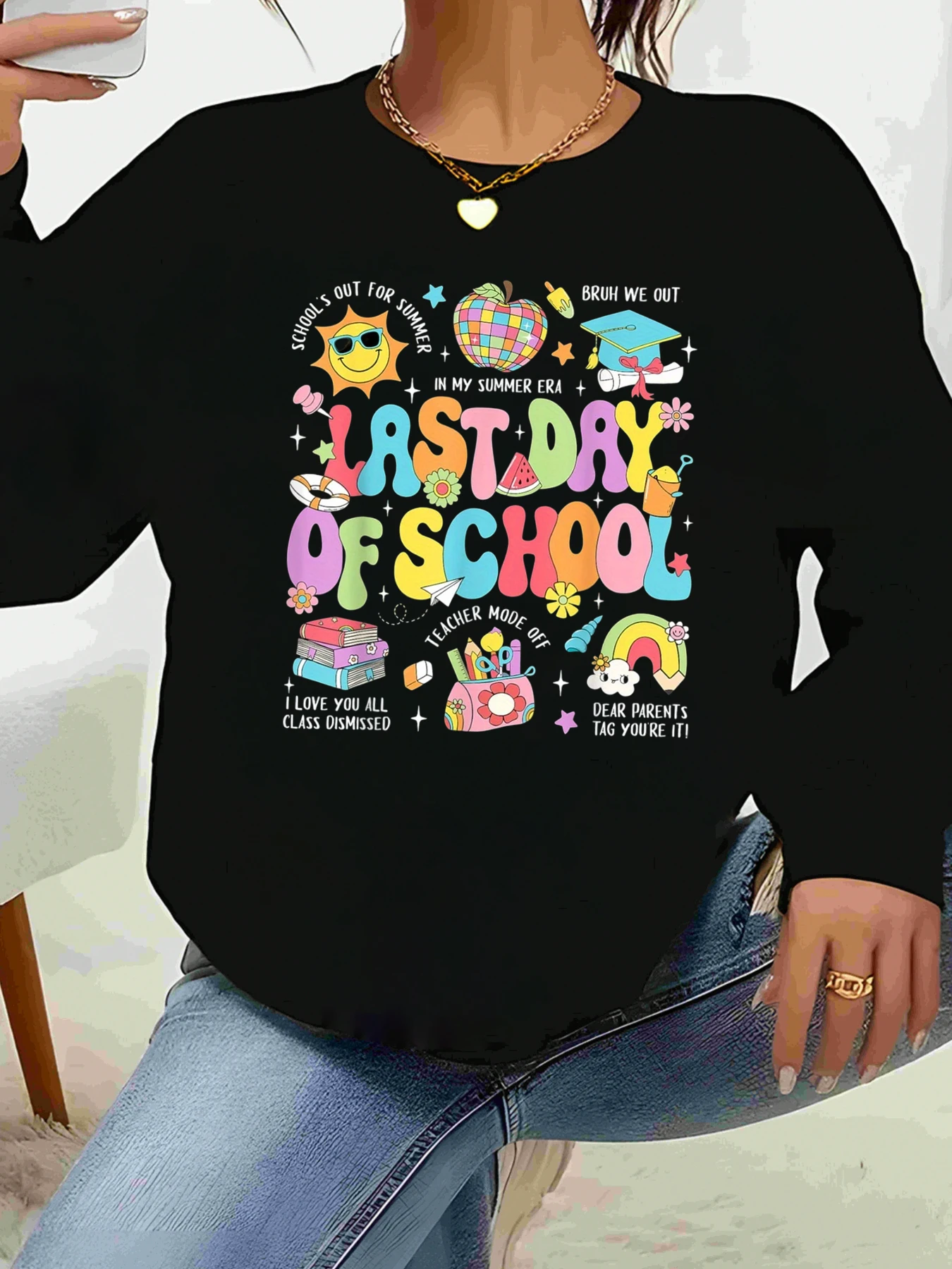 Camiseta de manga larga con estampado del último día de clases, ropa de fiesta para estudiantes y profesores de celebración de verano para mujer