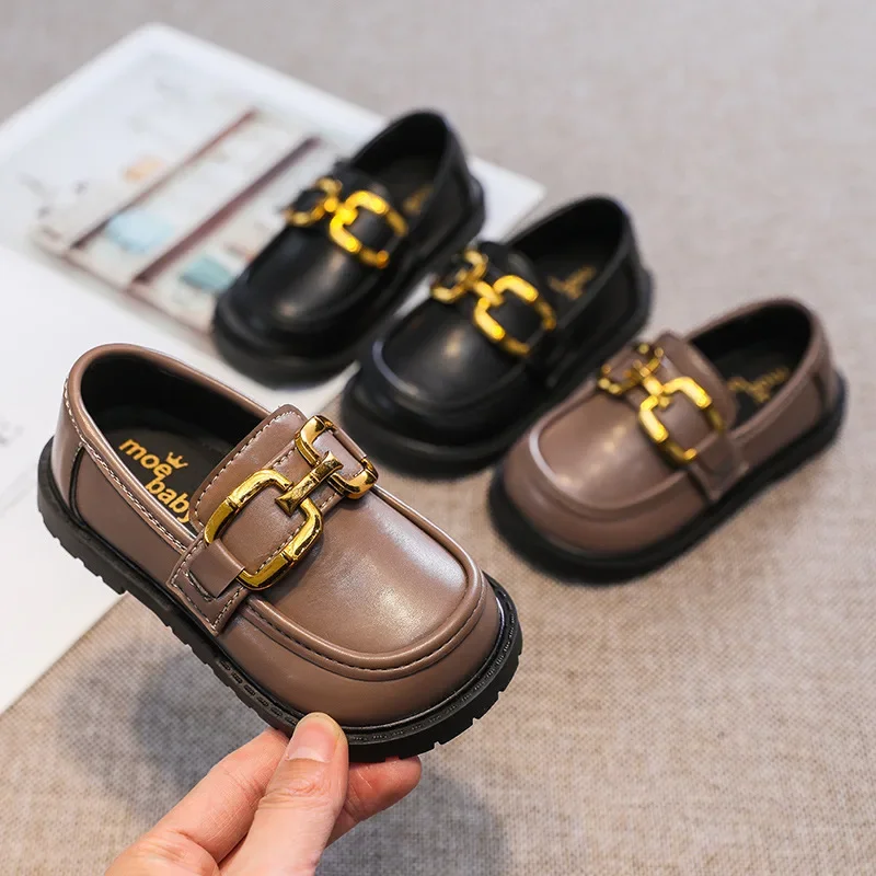 Autumn New Korean Style Metal Fashion Loafers for Boys Solid Black Girls Flat Casual Shoes Soft PU Spring Round-toe Simple