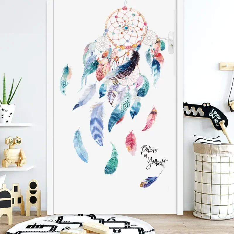 HOT 3D Dream Catcher Wall Sticker Colorful Feathers For Living Room Bedroom Door Glass Decoration Wallpaper Murals 50*70CM