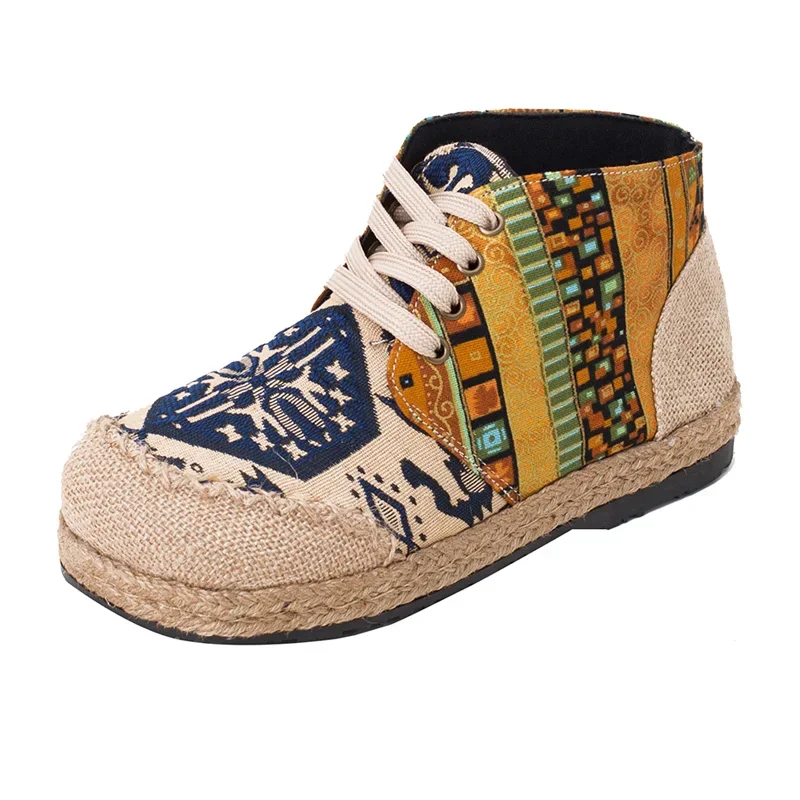 2023 Vrouwen Schoenen Boho Katoen Linnen Canvas Enkele Nationale Geweven Ronde Neus Lace Up Doek Schoenen Vrouw Flats Maat 35-40