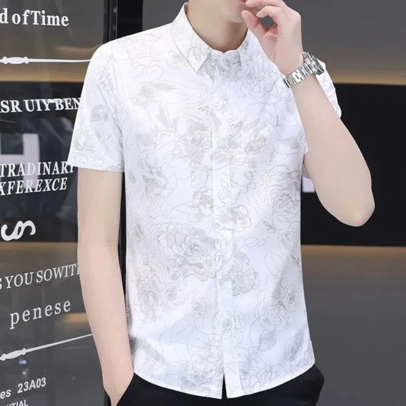 

New Shirt Short-sleeved Summer Casual Men's Slim Middle-aged and Young Thin Ice Silk Korean Floral Shirt Top