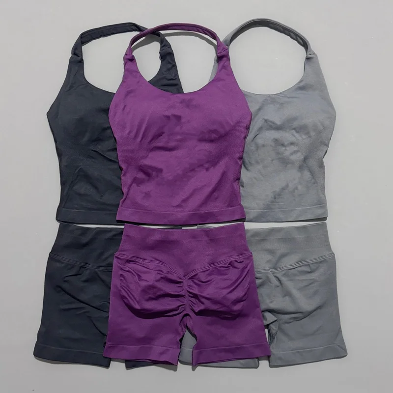 2 Peice Histello Sports Set Women Seamless Halter Top Longline Strappy Padded Scrunch Shorts Set Yoga Suit Gym Workout Sets image 3