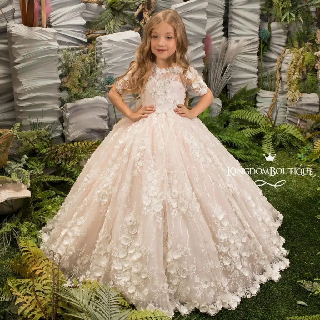 

EVLAST First Communion Dress Floral Half Sleeves With Lace Appliques 3D Flower Girls Dress for Weddings Kids Pageant Gown TFD062