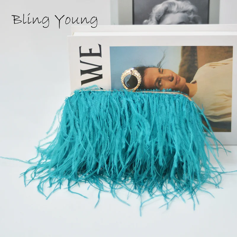 

Designer Ostrich Fur Feather Wallet Clutch Bag For Women Clutch Diamond Knuckle Rings Dinner Evening Bag Chain Purse Luxury