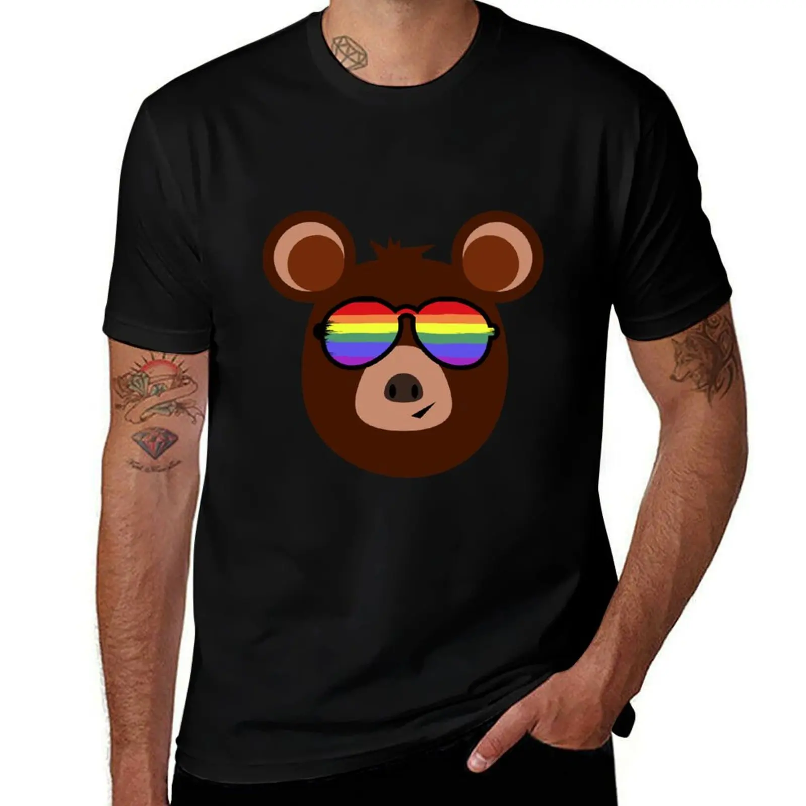 Gay Bear Wearing Bear Pride LGBT Rainbow Flag Sunglasses T-Shirt Soft Stretch Short Sleeve Top T-Shirt