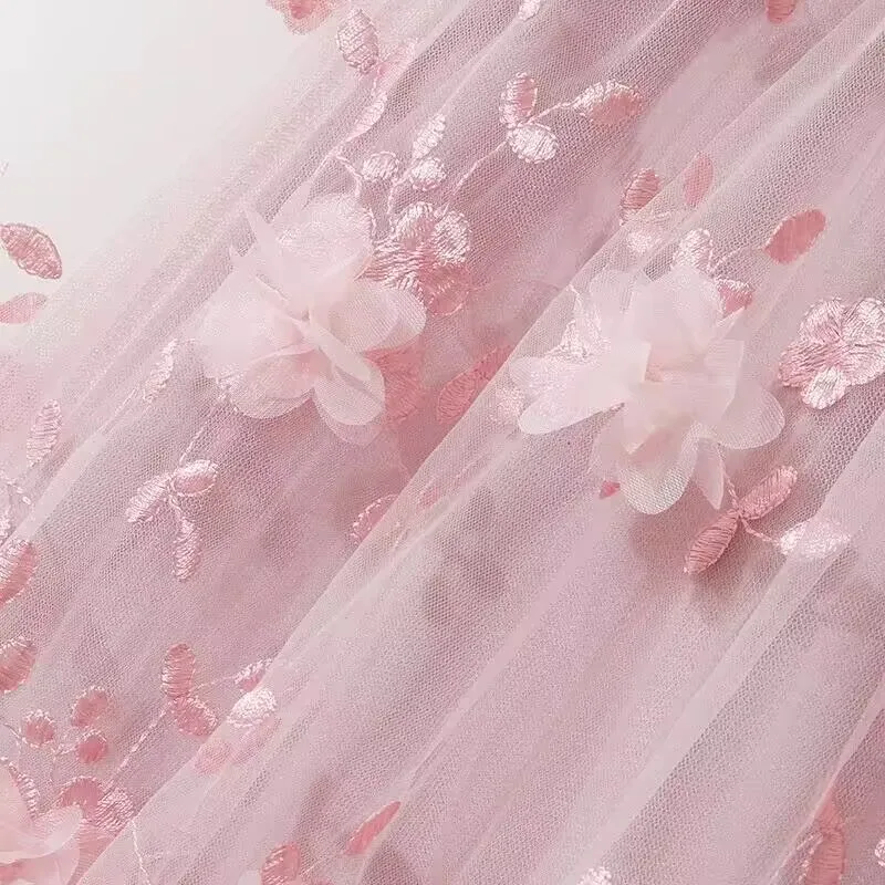 3D Embroidery Flower Mesh Fabric, Floral Wedding Tulle Lace, Summer Dress Fabric, DIY Sewing or Clothing Material, Pink