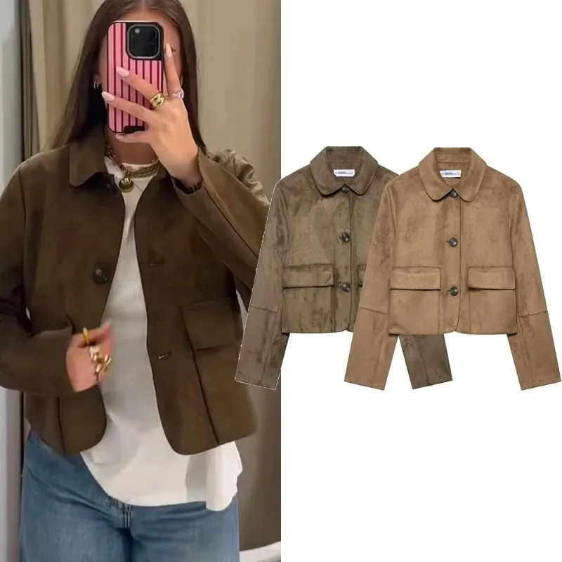

Autumn Outerwear Women Faux Suede Cropped Jacket Long Sleeves Single Breasted Flap Pockets Solid Color Short Coat