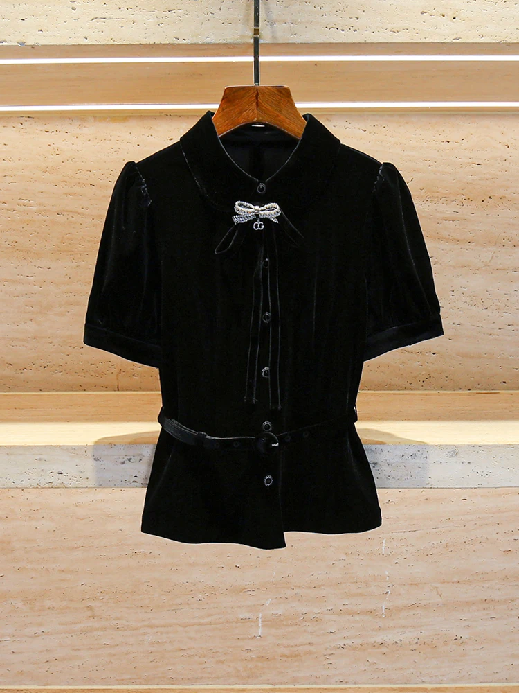 Hochwertiger Samt-Irt mit Fliege in kleiner Fransen-Schlitten für Damen, gerade geschnittener französischer Schlitten mit Diamantverzierung...