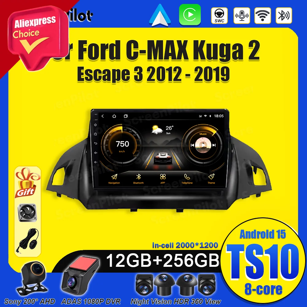 Android 15 สำหรับ Ford C-MAX Kuga 2 Escape 3 2012 - 2019 Carplay เครื่องเสียงติดรถยนต์ ชุดหัวหน้าจอ มัลติมีเดีย เครื่องเล่นวิดีโอ Mirror Link 8 Core RDS