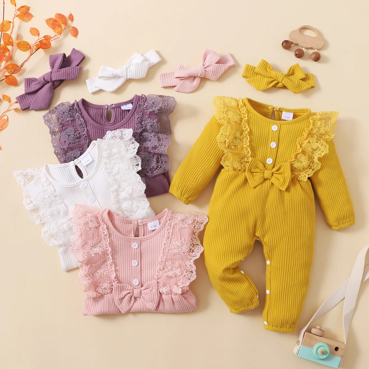 0-18 Month Baby Girl Jumpsuit Round Neck Lace Ribbed Fashion Long Sleeves Jumpsui and Headband 2Pcs for Newborns Baby Girl