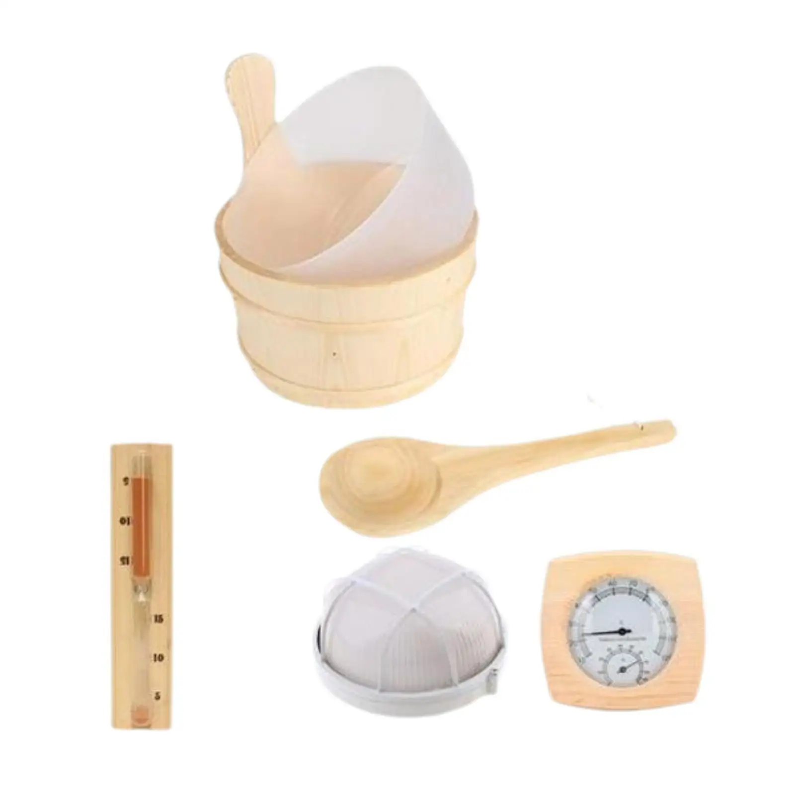 

Wooden Sauna Bucket and Ladle Set Wood Professional Sauna Thermometer Hygrometer Explosion Lampshade Sauna Accessories Kit