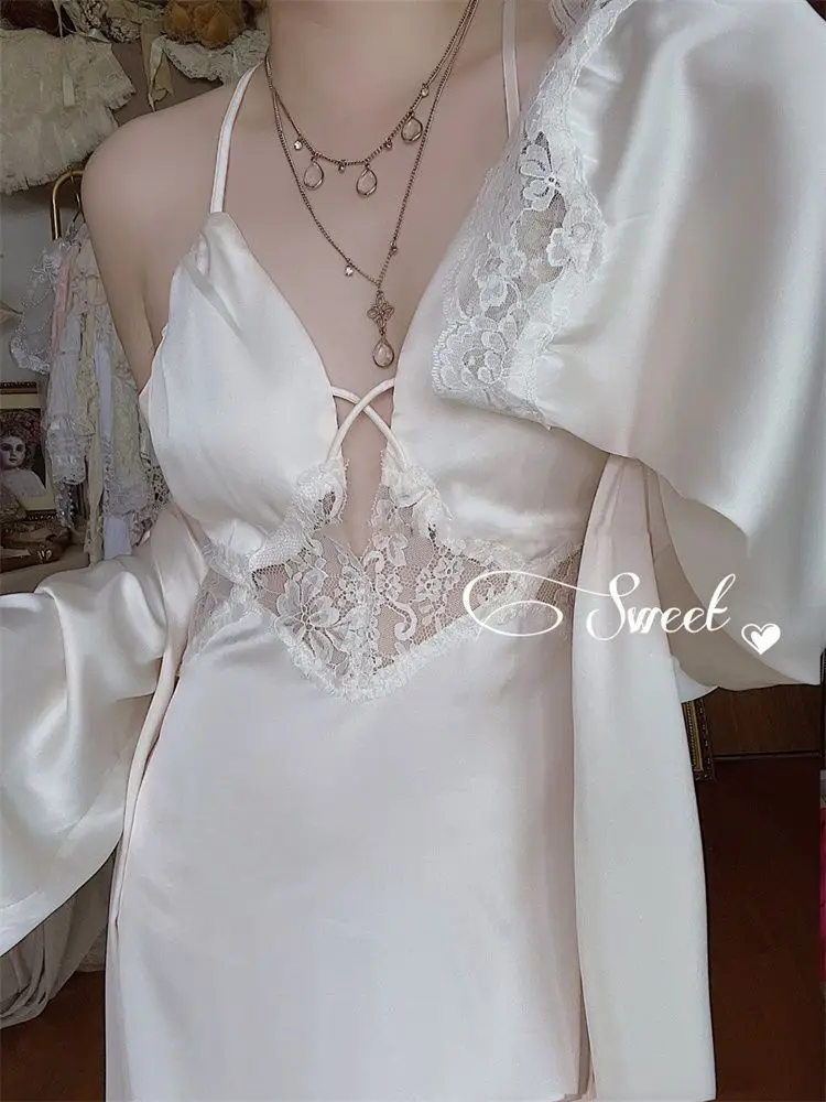 2023 Spring Silk Sexy Strap Dress Women Patchwork Fashion Elegant V Neck Lace Dress Women Casual Korean Elegant Long Split Dress