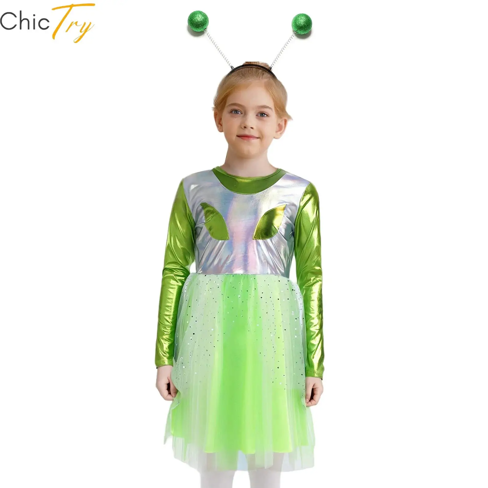 

Childrens Alien Costume Halloween Cosplay Dress Girls Outer Space Party Sets Long Sleeve Sparkly Tulle Dress Up Headband Hoop