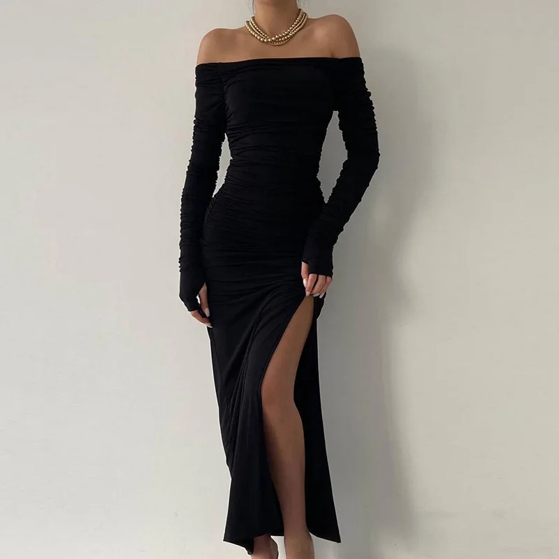 Eleganckie sukienki damskie z odkrytymi ramionami, długim rękawem, plisowanym tyłem, bez pleców, z wysokim rozcięciem, czarne, z dekoltem typu slash neck, seksowne, na imprezę, wieczorowe, luksusowe, kolekcja 2025