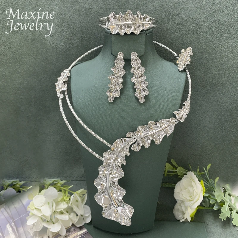 

Silvery Golden Original Leaf Shaped Exaggerated Choker Jewelry Set Collar Necklace Earrings Bracelet Ring Wedding Party Gifts