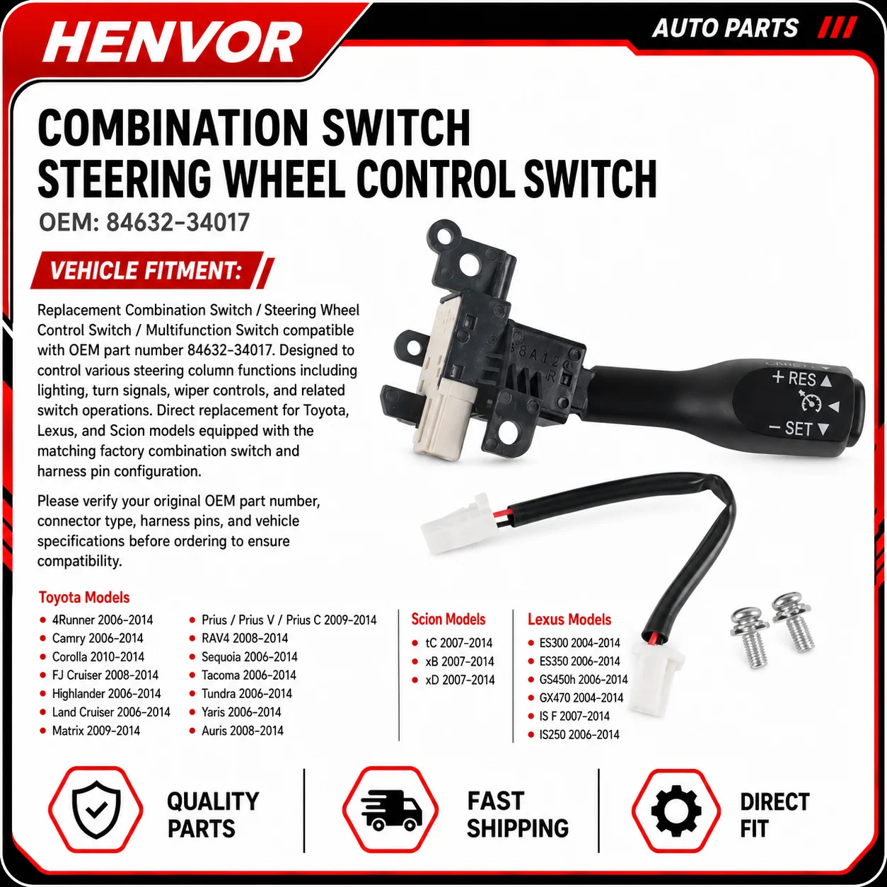 84632-34017 Steering Wheel Control Switch Combination Switch Replacement for Toyota Lexus Scion 2006-2014