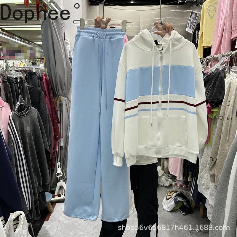 

Contrast Color New Autumn Women Hoodie Sets Long Sleeve Zip Hooded Cardigans Coat + Elastic Waist Casual Straight Pants Suits