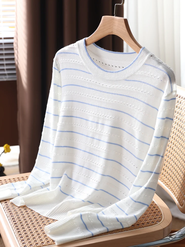 Spring Summer Women\'s O-neck Hollow Striped Long Sleeve Pullover Shirt 30% Merino Wool Knitwear Sweater Korean Popular Tops