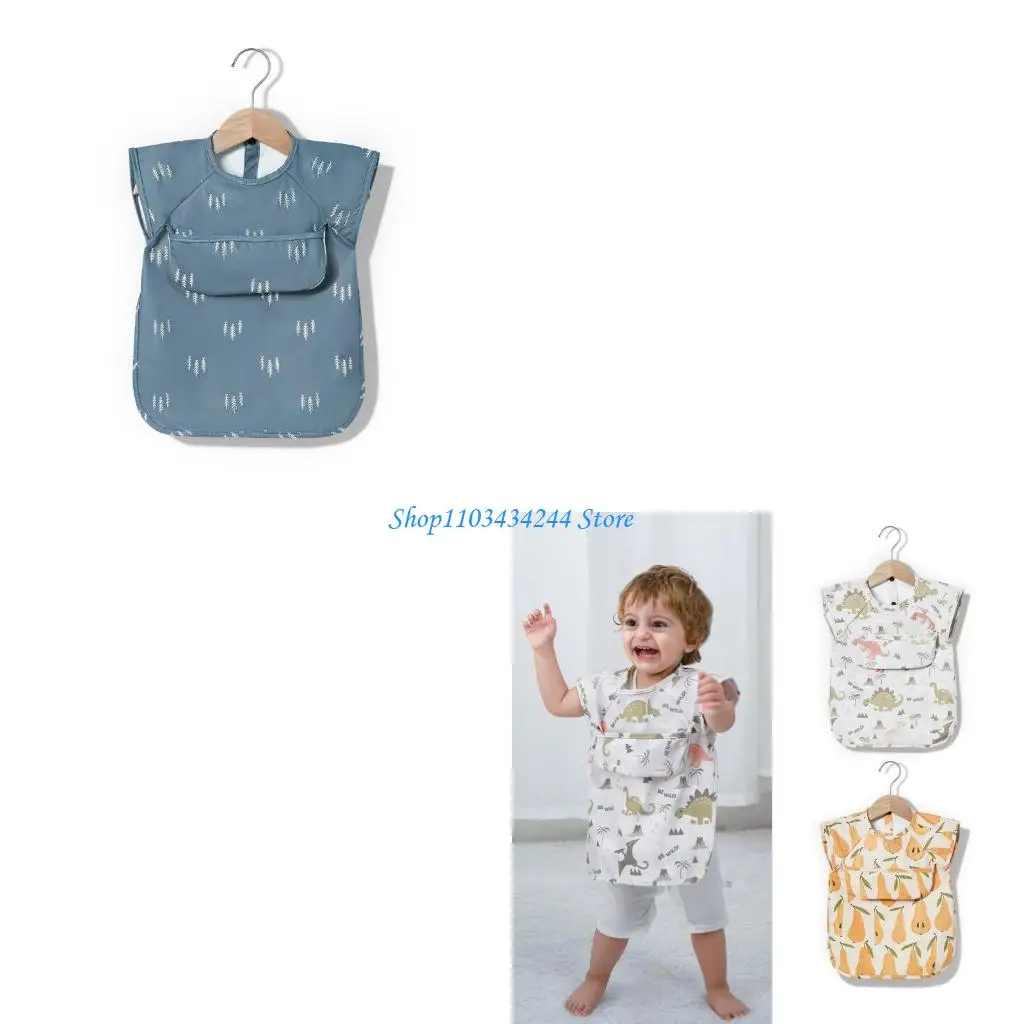 Baby Mealtime Smock PU Waterproof Bib Short Sleeve Teething Bib with Front Pocket, Feeding Apron for Stain Protections