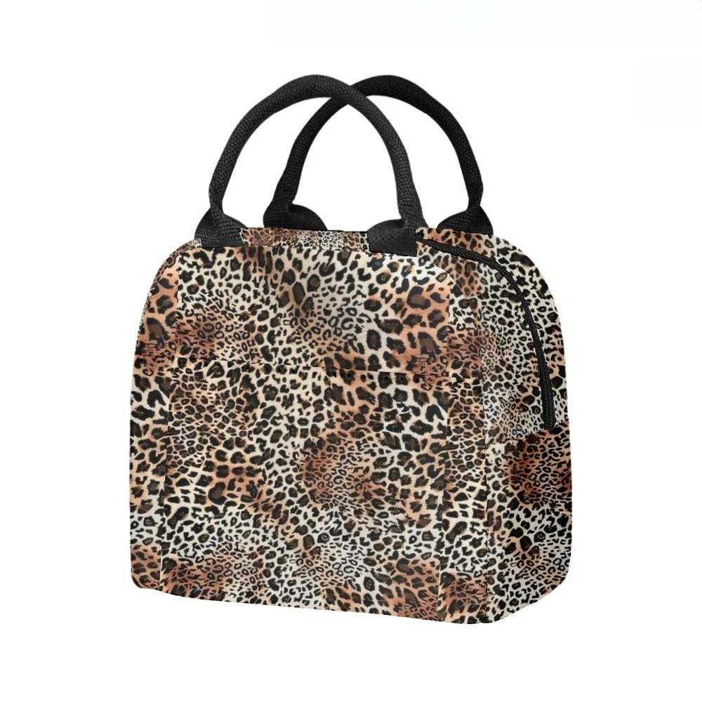 Stylish Leopard Print Insulated Lunch Bag with Side Pocket Waterproof Reusable Office Easy-Clean Design for Work School Picnics