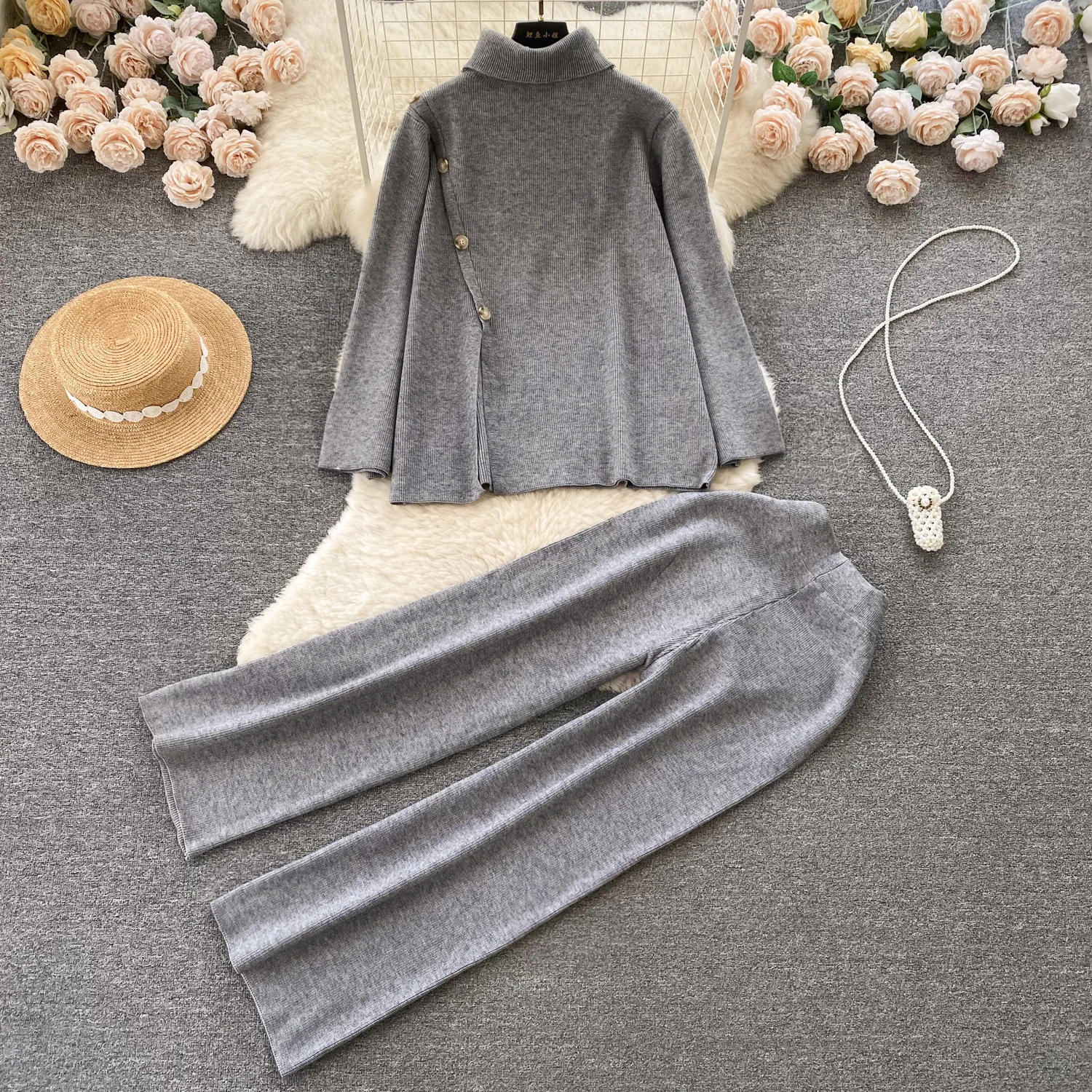 Women Wide Leg Pants Suits O Neck Oversized Woman Sweater + Trousers Tracksuits 2/ Two Pieces Sets Knitted Clothes