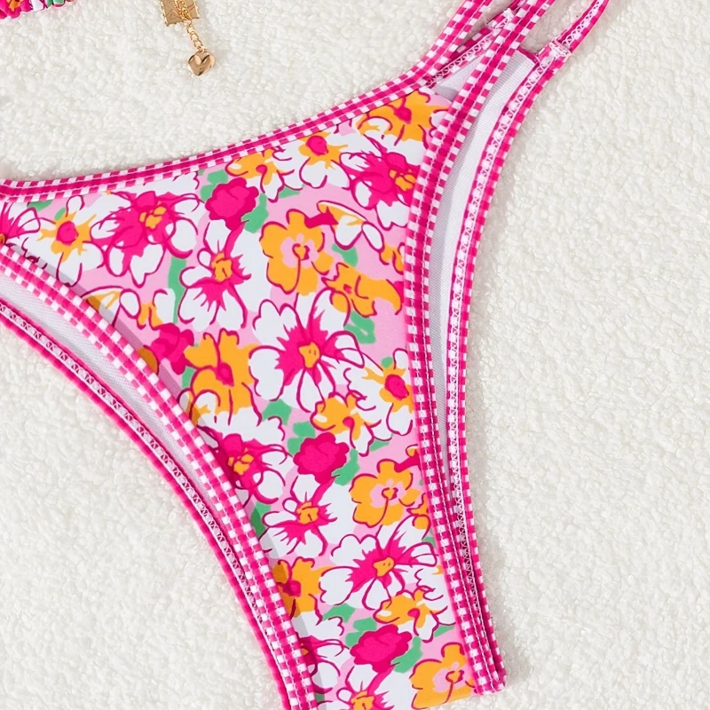 Biquíni floral com estampa rosa sexy férias maiô de duas peças
