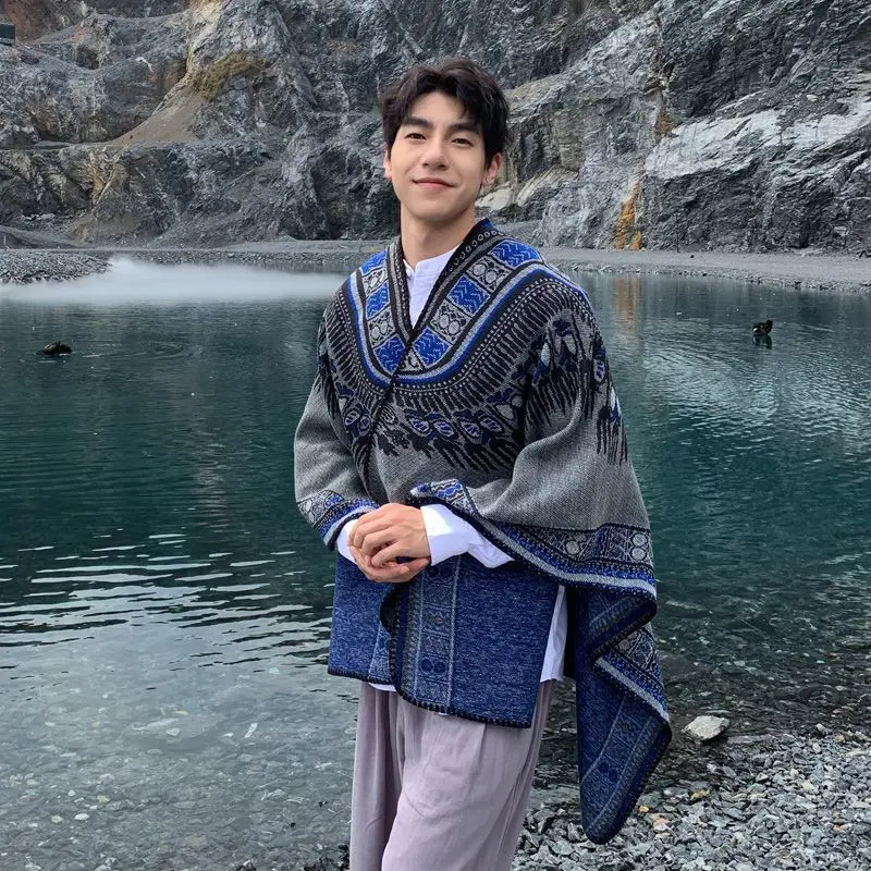 Men's Geometric Style Ethnic Trend Shawl Outdoor Travel Warm and Windproof Cloak Shawl Cloak Imitation cashmere tote Photography