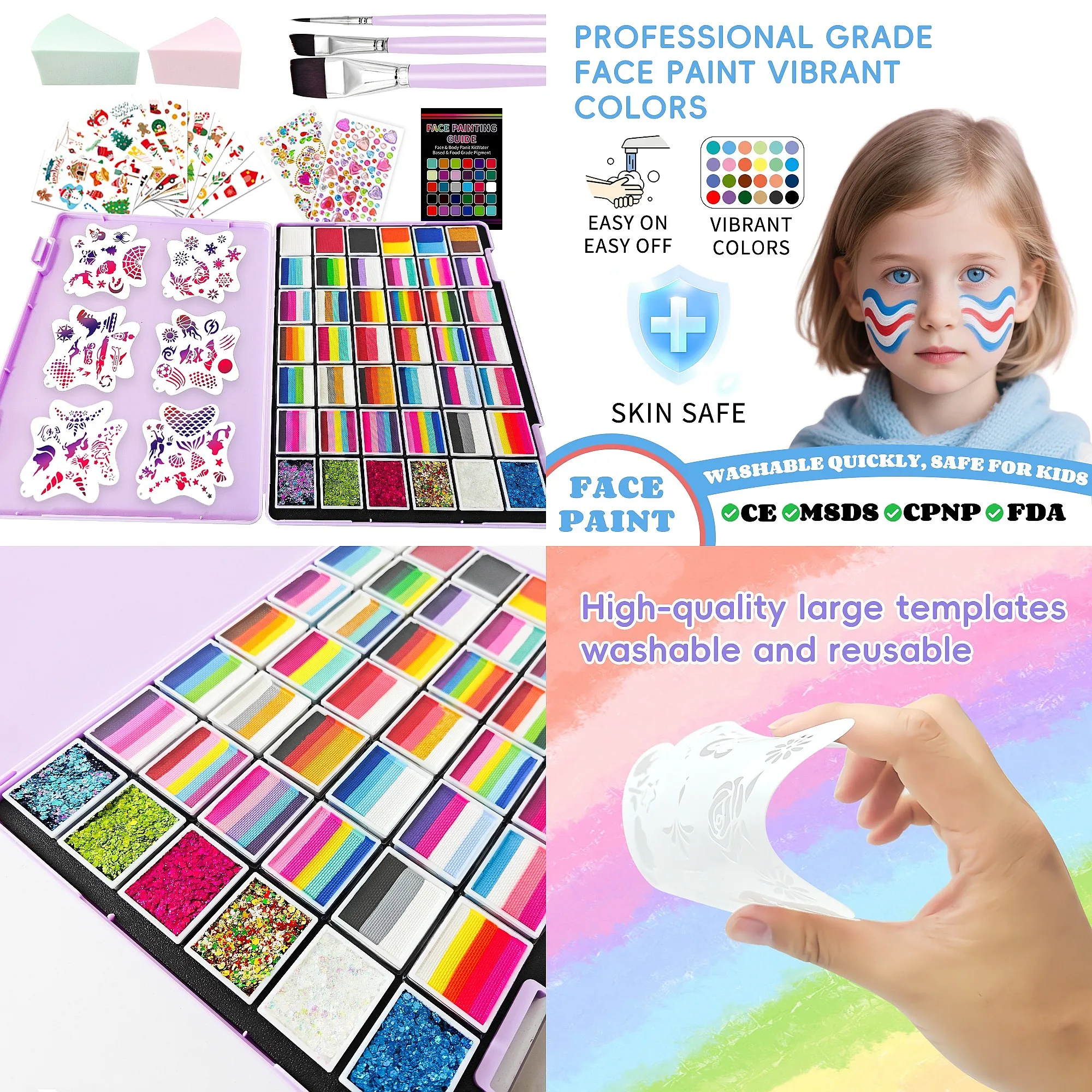 CE Water-Based Washable Non-Toxic Complete Face Painting Kit 64 - 108 PCS for Kids IncludStencils BrushSplit Cake