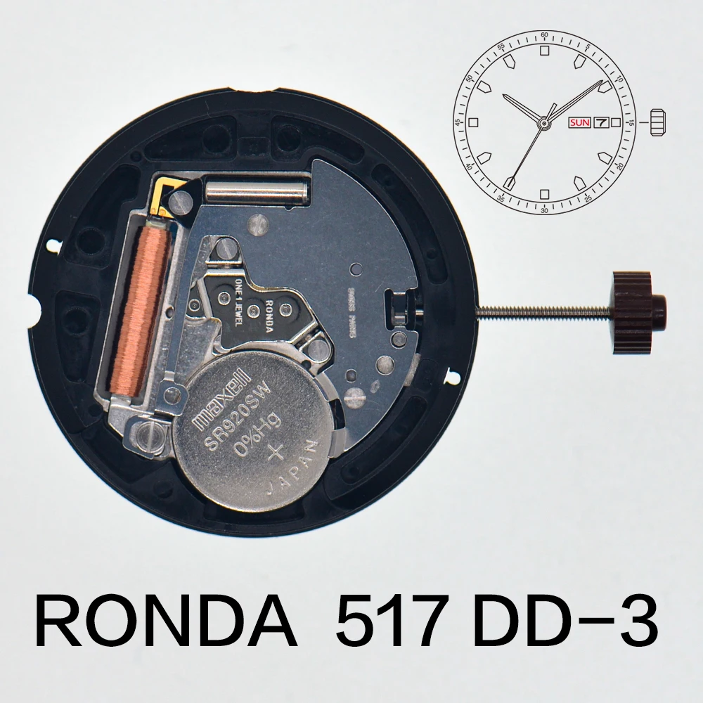 Ronda 517 Quartz Movement Dual Calendar Datewheel 517-3 Battery Weekday Replacement Parts Accessories for Wristwatch