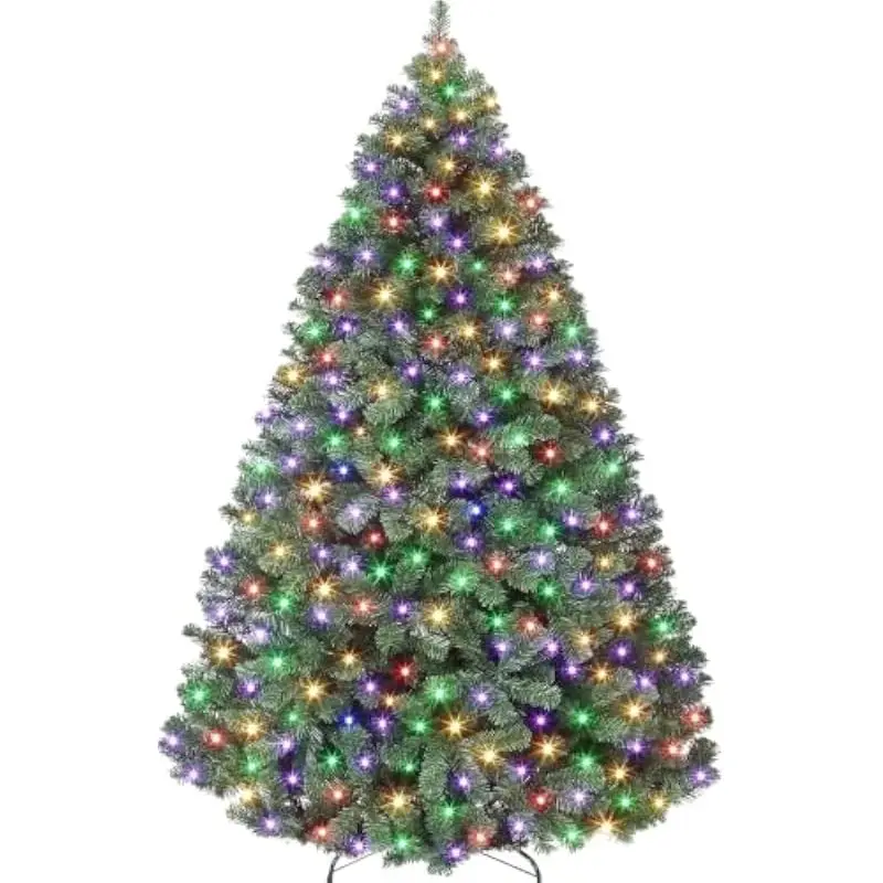 7.5ft lifelike artificial Christmas tree with 300 warm white and multicolor LEDs, 9 lighting modes via foot switch, hinged branc