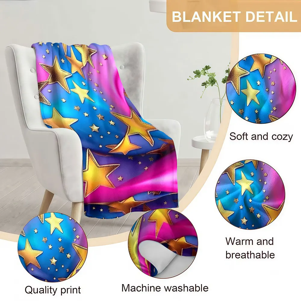 Gold Stars Soft Warm Flannel Blanket Lightweight Cozy Christmas Halloween Home Decor Room