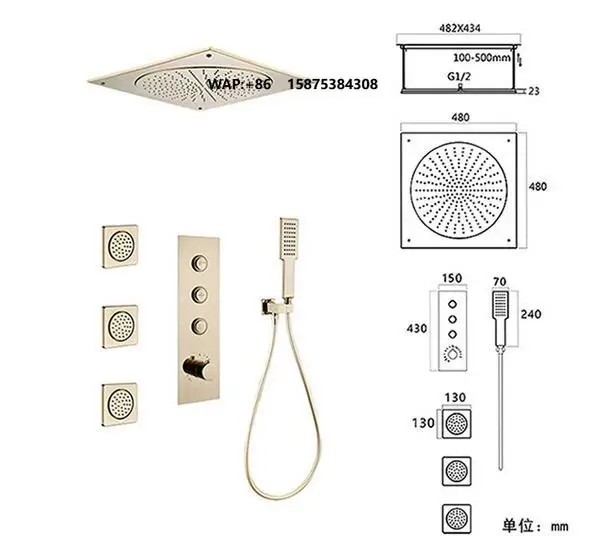 Luxury Brass Brushed Gold Ceiling Mounted Large Rainfall Thermostatic Shower Faucet Set with Body Sprayer
