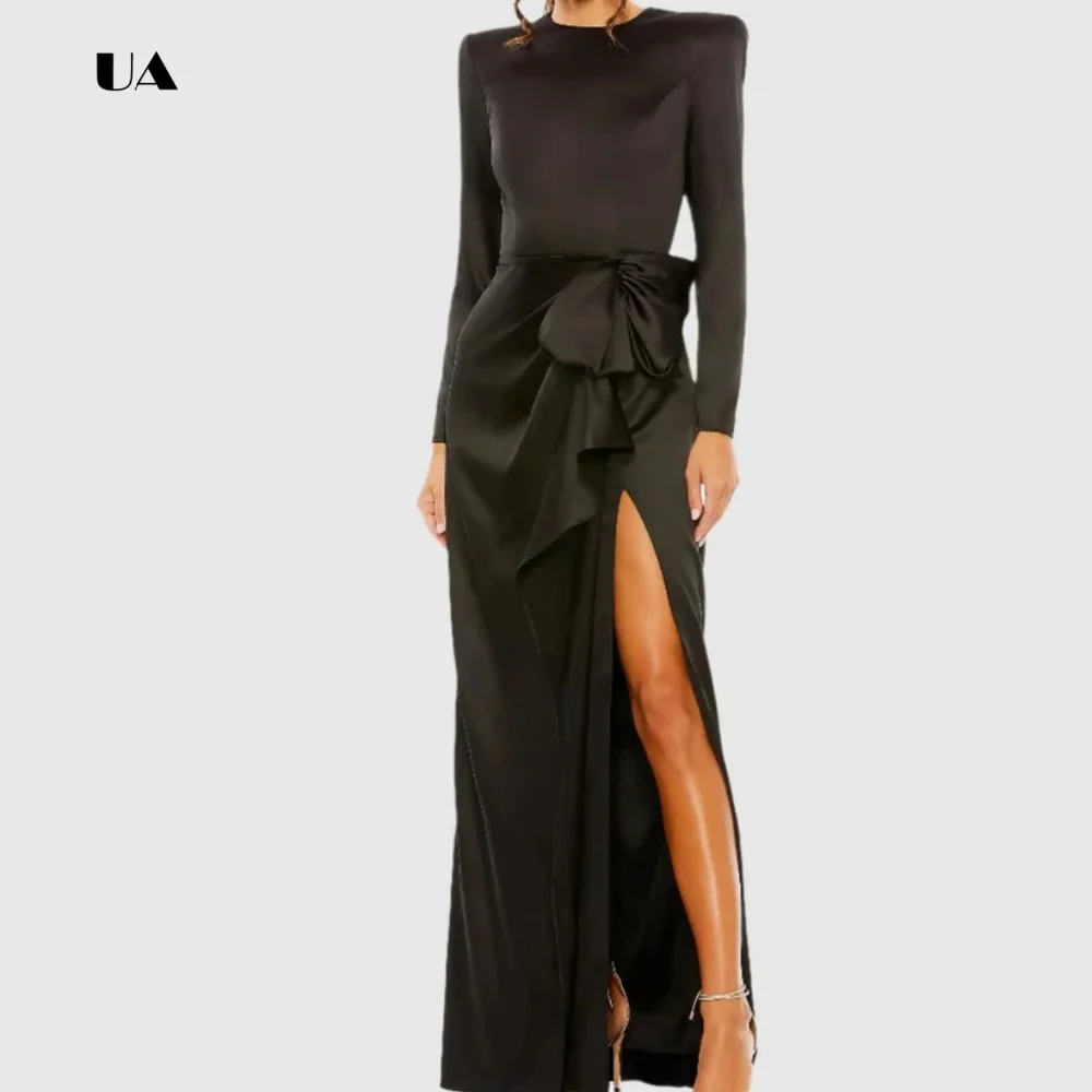 Vestido de fiesta de columna drapeado simple con hombro regular, vestido de noche personalizado de satén, vestido de fiesta sólido con lazo estructurado