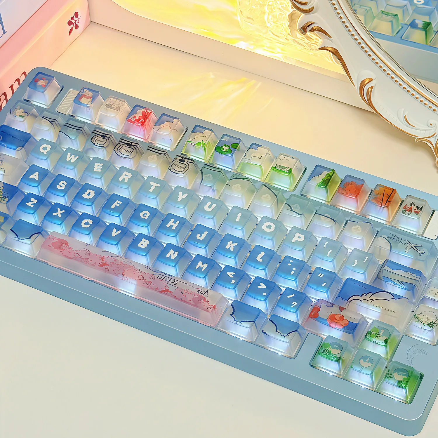 

108 Keys Future Postcard Theme Keycaps Fresh Cute Misty Key Cap Cherry Height PC for Mechanical Keyboard Made68 Wooting 60