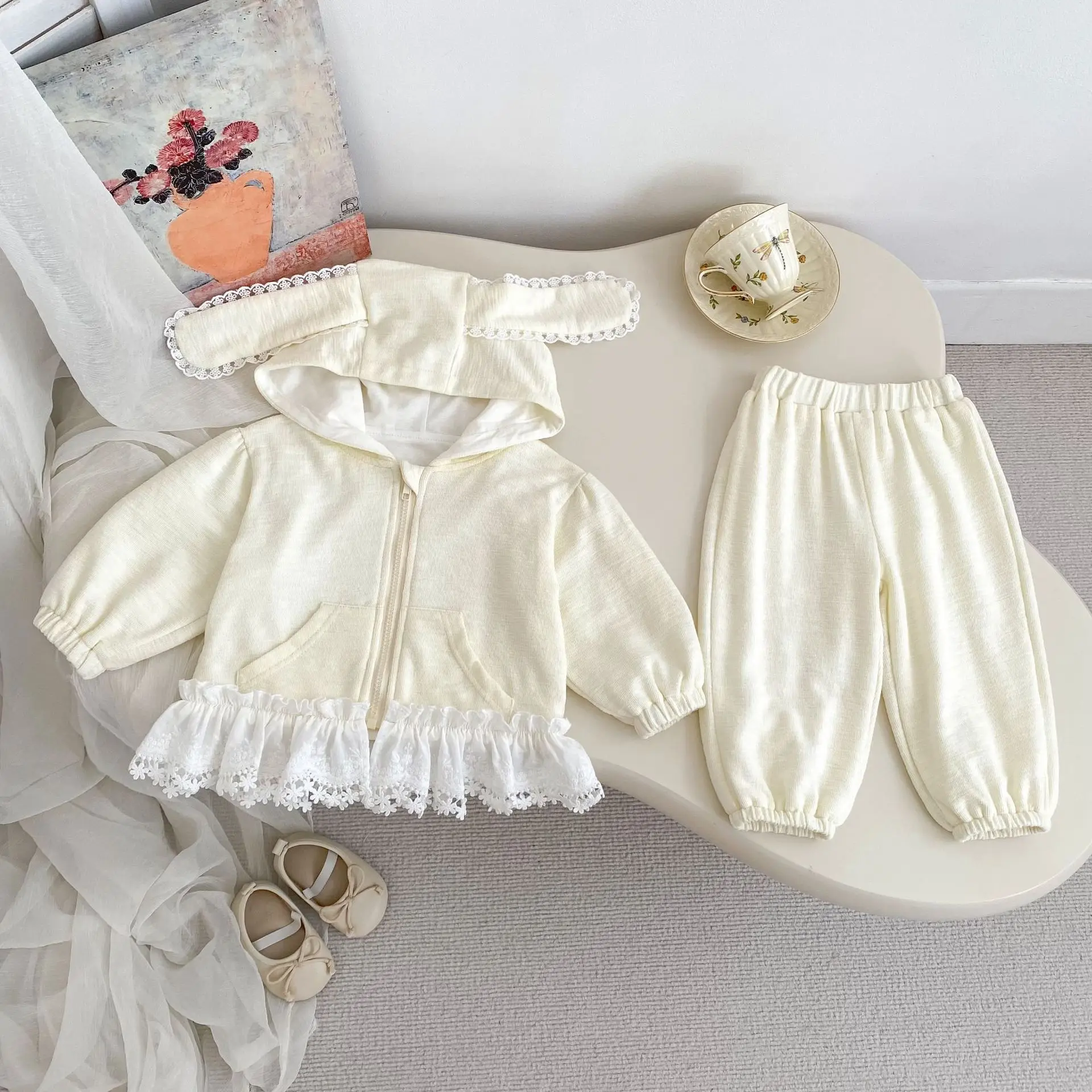2025 Autumn New Baby Long Sleeve Clothes Set Girls Rabbit Ears Hooded Cardigan + Pants 2pcs Suit Kids Cotton Casual Outfits