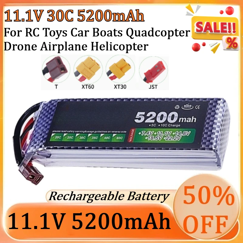 

11.1V 5200mah with XT60 T Plug 40C for RC Toys Car Boats Quadcopter Drone Airplane Helicopter 11.1V Battery 3S Lipo Battery