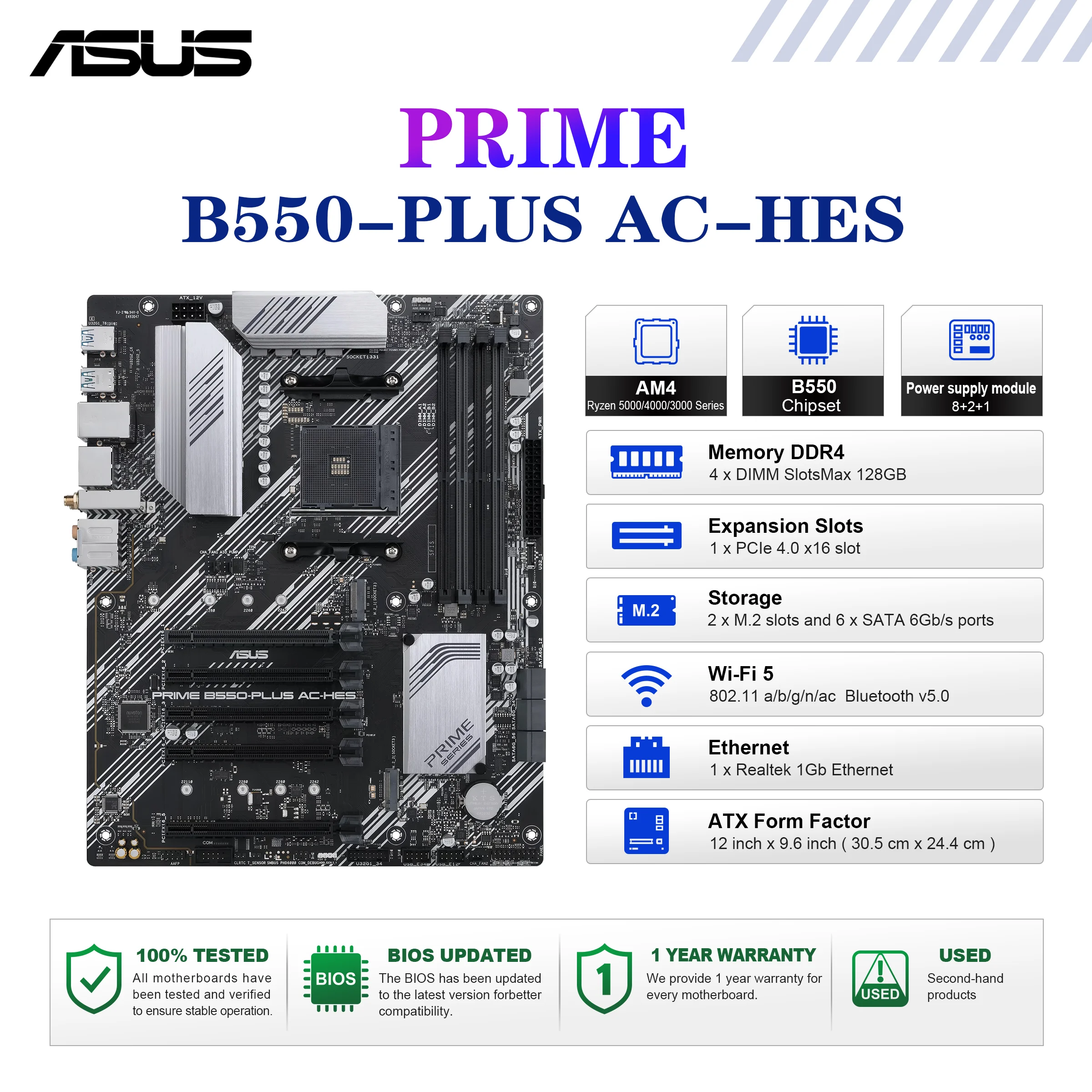 ASUS PRIME B550-PLUS AC-HES Placa base Socket AM4 CPU DDR4 4866 (OC) Chipset de memoria B550 ATX Placa base