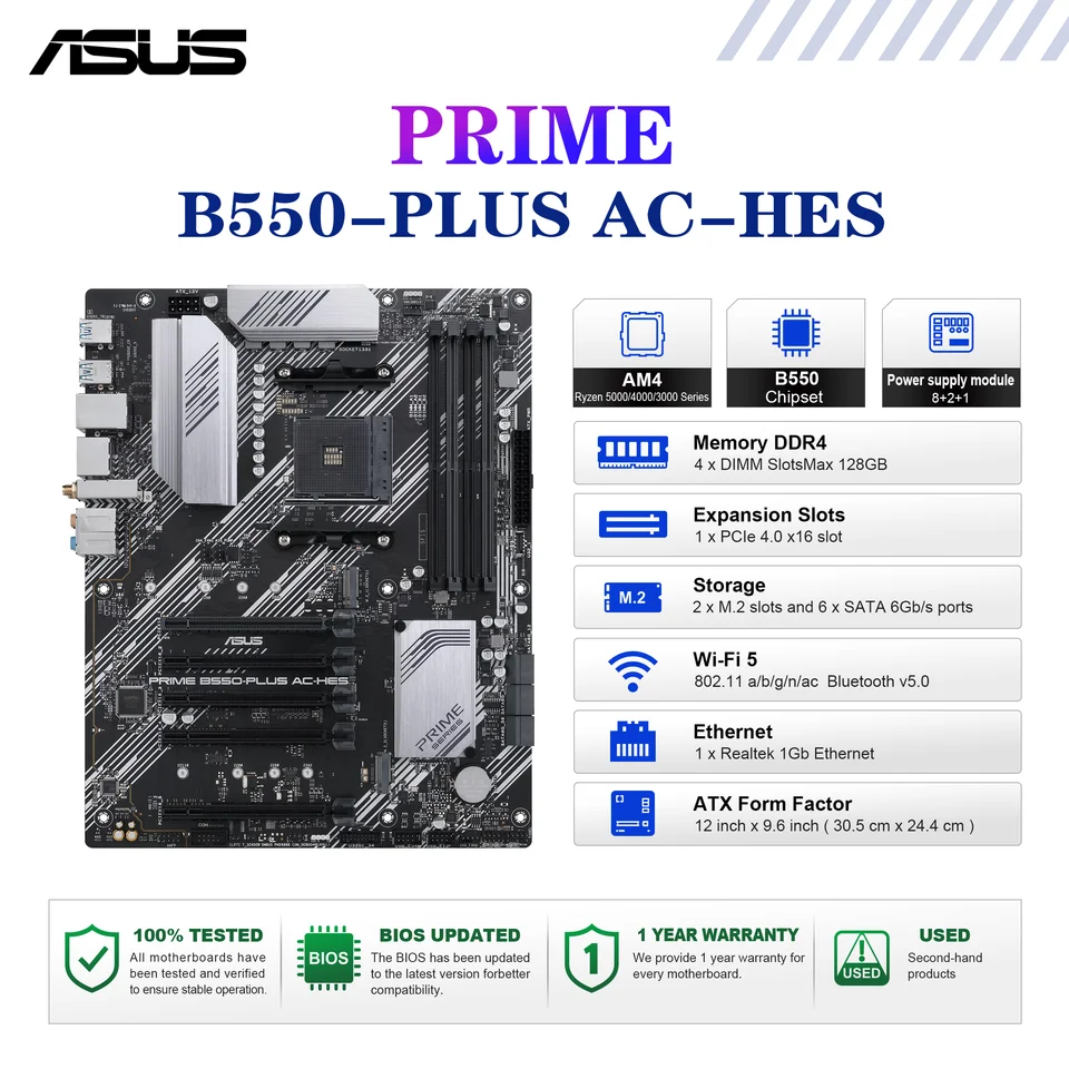ASUS PRIME B550-PLUS AC-HES 마더보드 소켓 AM4 CPU DDR4 4866(오버클럭) 메모리 칩셋 B550 ATX 메인보드 썸네일 7