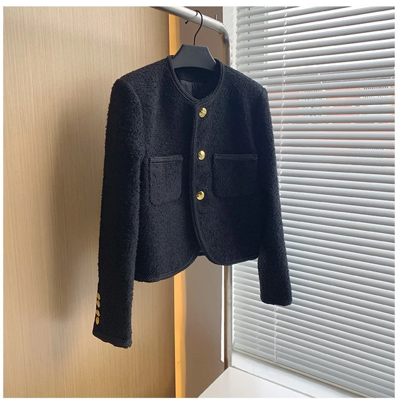 Women 2022 Autumn Black Tweed Jacket Single Breasted O-neck   Elegant Golden Button Pocket Cropped Woolen Jacket Clothing