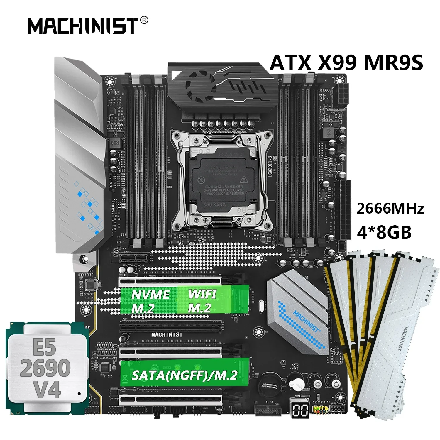 MACHINIST X99 MR9S Motherboard Combo LGA 2011-3 Xeon E5 2690 V4 CPU Kit Processor DDR4 RAM 32GB 2666MHz SSD USB3.0 Four Channel