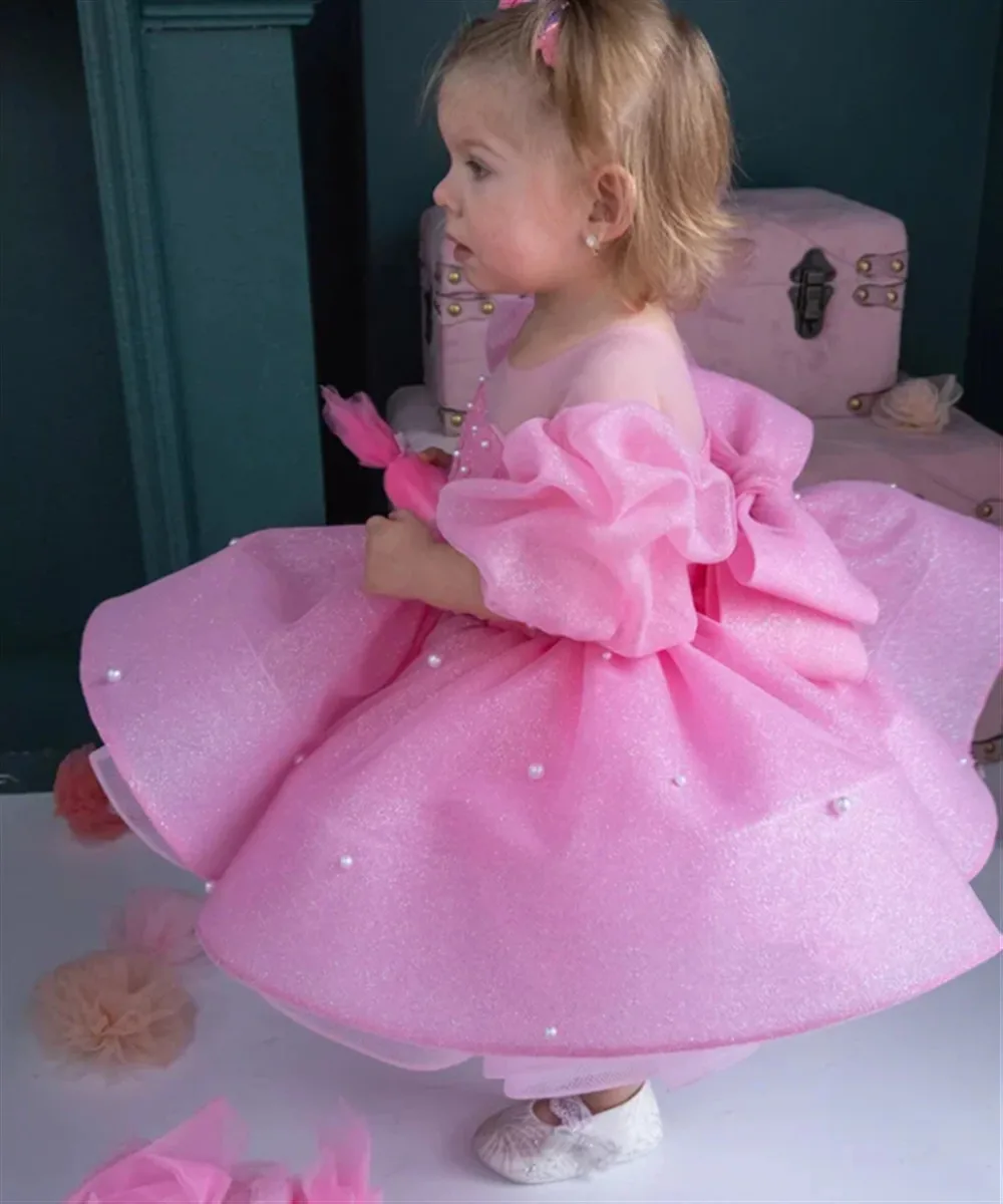 

Luxury Customized Flower Girl Wedding Dress Pearls Fluffy With Bow Lovely Kids Birthday Party Pageant Dress First Communion Gown