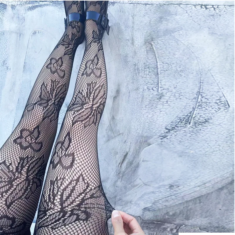 Big Flower Fishnet Stockings JK Girl Hollow Out Mesh Socks Thin Lolita Lace Black Silk