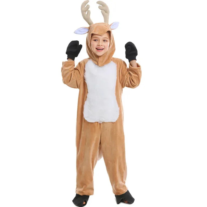 Kids Christmas Party Reindeer Costume Brown Deer Onesie Plush Cartoon Animal Jumpsuit Pajamas